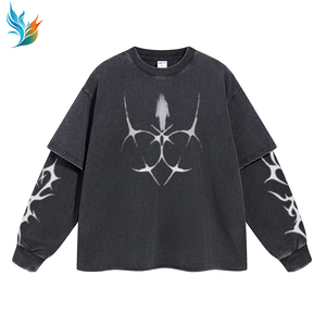 Sudadera de hombre personalizada Boxy Baggy Distressed Stone Acid Wash de doble capa de manga larga <span class=keywords><strong>Raw</strong></span> Hem - Product Image 1
