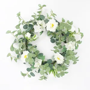 Artificial White Rose Hydrangea Floral Wreath with Eucalyptus Leaves for Spring Summer Wedding Wall Window Decor door wreath