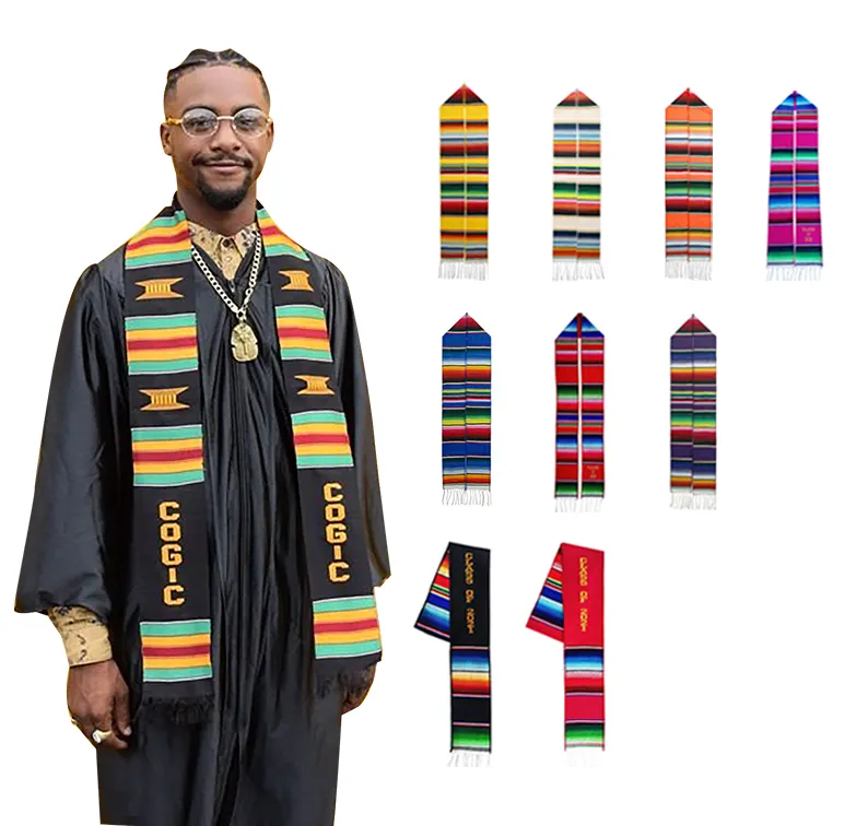 2024 Wholesale Blank Graduation Stole Sublimation Print Unisex Satin Knitted Kente Stole With Embroidery Logo