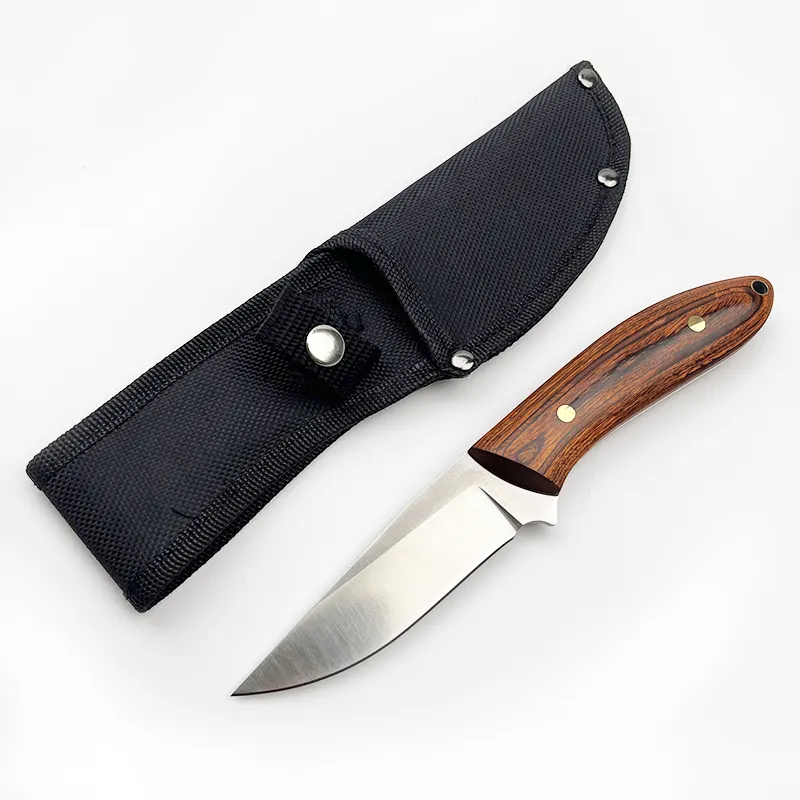 8 Inch Wood Handle 9Cr18MoV Steel Drop Point Fixed Blade Knife Survival Knife with Nylon Sheath