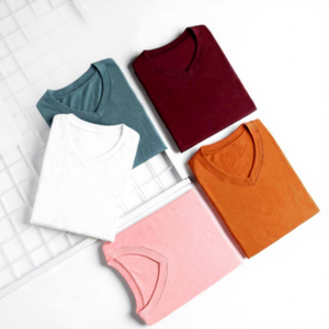 Camiseta de Punto de Manga Corta con Cuello en V para Hombre, Color Sólido, Informal, en Negro, Gris, Blanco, Rosa, Verde Azulado, Granate y Naranja - Product Image 6