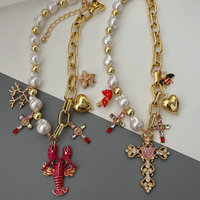 2025 nouveauté multi-éléments chaînes à maillons mixtes collier perle perlage et croix chaîne croix pendentif homard pendentif collier
