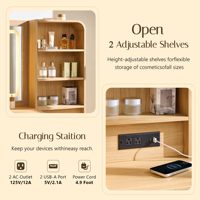 Bureau de toilette moderne en chêne avec miroir LED de 36 pouces, station de charge intégrée et rangement incurvé à 5 tiroirs pour chambre à coucher.
