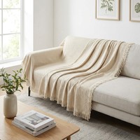 Jeté de canapé rectangulaire moderne en jacquard polyester-coton toutes saisons avec bordure à pompons, couverture décorative pour pique-nique