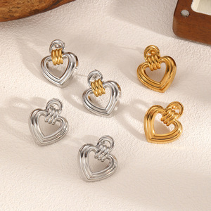 Heart-Shaped <b>Titanium</b> Steel <b>Stud</b> Earrings Gold Silver Color Block Fashion Party Jewelry For Women - Product Image 2