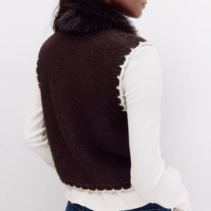 <span class=keywords><strong>Gilet</strong></span> in Maglia a Trecce con Collo in Pelliccia Sintetica <span class=keywords><strong>Marrone</strong></span> Scuro per <span class=keywords><strong>Donna</strong></span>, Look Casual alla Moda Wisrise - Product Image 2