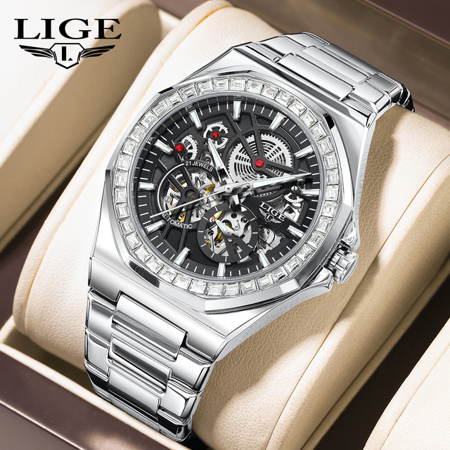 LIGE LG6835 Silver Automatic Watches for Men Stainless Steel Self-Winding Skeleton Mechanical Watch Men's Stylish Gift with Box