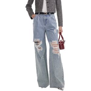 Wholesale Fashion Casual Distressed Women's Jeans Vintage <b>Light</b> <b>Blue</b> Wash Loose Straight Women's Rhinestone Jeans - Product Image 1