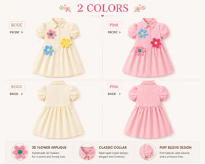 Vestido de Color Sólido <span class=keywords><strong>para</strong></span> <span class=keywords><strong>Niñas</strong></span> con Apliques de Flores en 3D, Cuello con Mangas Abullonadas, Vestido de Boutique <span class=keywords><strong>para</strong></span> <span class=keywords><strong>Niñas</strong></span> - Product Image 2