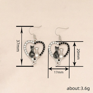 Orecchini pendenti da donna con gatto e cuore, zirconi bicolore, alla moda, eleganti, gioielli dolci, accessorio per l'uso quotidiano - Product Image 4