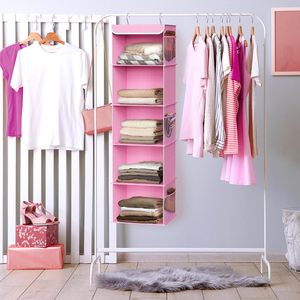 5 <b>Shelf</b> Hanging Closet Organizer Pink Fabric Clothing Storage Bedroom <b>Hook</b> Type 33x15x85cm - Product Image 5