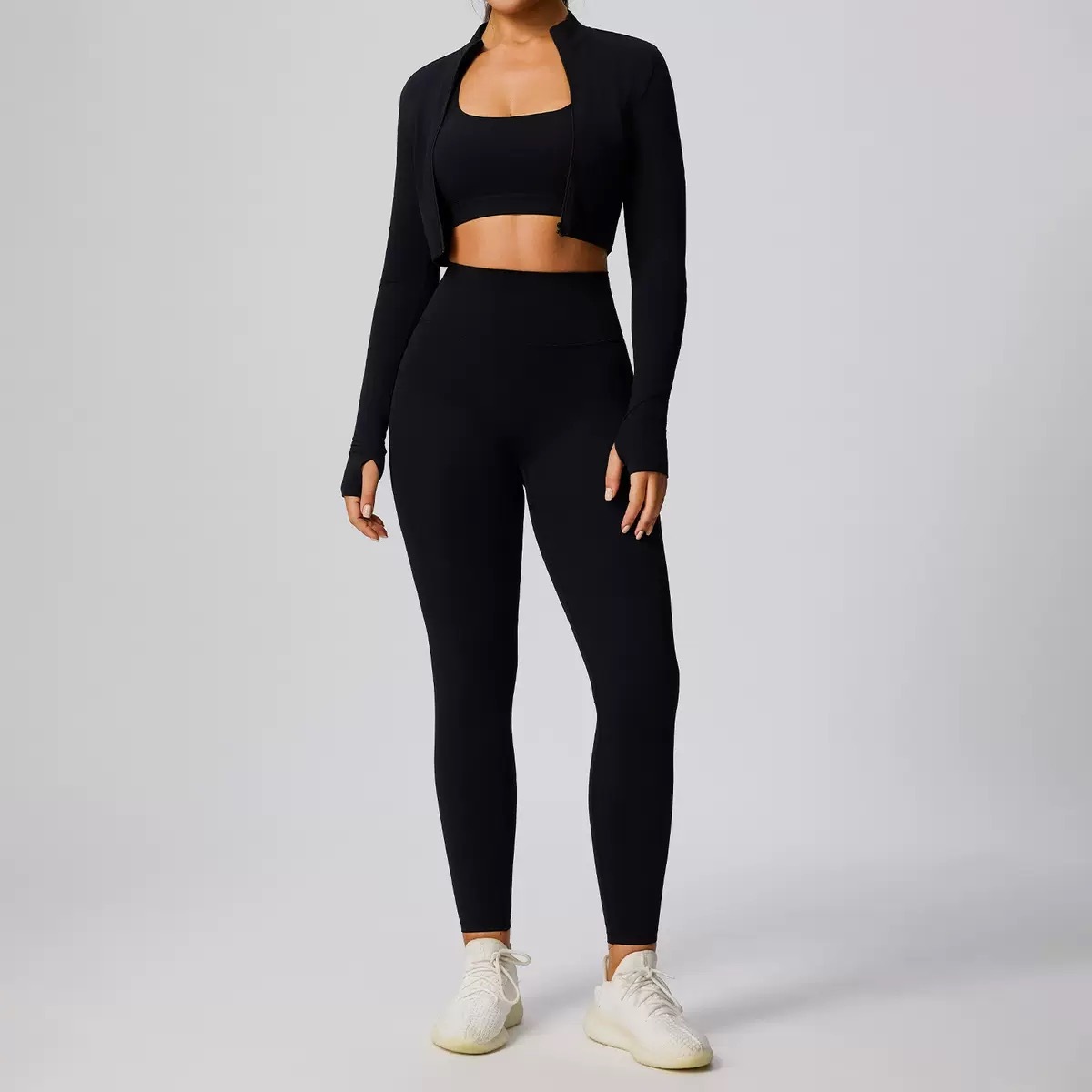 Women's Long Sleeve Sports Jacket Zipper Breathable Four-Way Stretch Fitness Yoga Top Custom Women's Three-Piece Set for Running