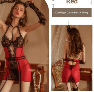 Ensemble de lingerie sexy <span class=keywords><strong>grande</strong></span> <span class=keywords><strong>taille</strong></span>, jupe à bretelles, poitrine ouverte, pyjama en tulle transparent, dentelle tentatrice, polyester, acétate, bas, ODM - Product Image 6