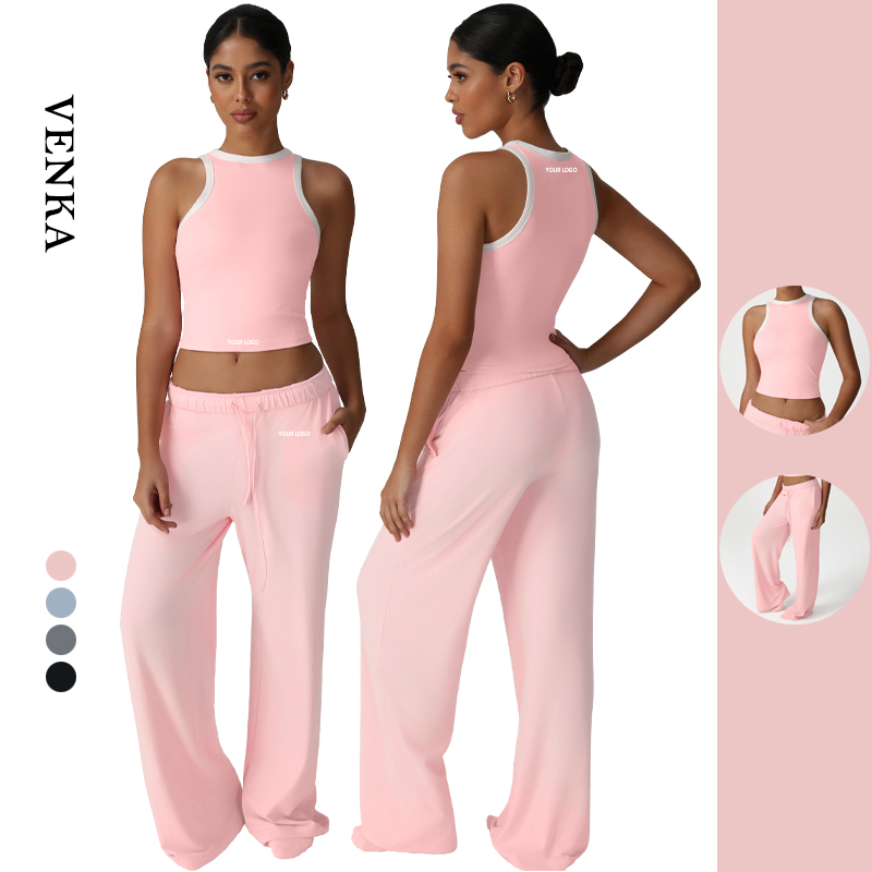 OEM Custom Women Compression Round Neck Contrast Color Tank Top and Drawstring Loose Wide-leg Joggers Ladies Sports Yoga Set