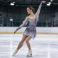 Robe de patinage et de danse dégradé gris-violet, manches longues en maille, dos nu orné de strass, pour enfants et adultes, compétition et performance