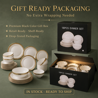Service de table élégant en porcelaine fine (18 pièces) avec bordure dorée, en boîte cadeau colorée, idéal pour mariage ou cadeau de mariée - Vente en gros