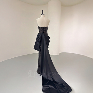 Vestido de noche de lujo con lentejuelas negras y flecos, escote en V profundo, estilo sirena, con cola de satén drapeada para mujer, Jancember. - Product Image 5
