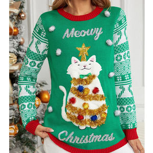 Wholesale Christmas <strong>Cat</strong> Meowy <strong>Jumper</strong> Crewneck Long Sleeve Pullover Decoration Ugly Jacquard Ribbed Sequin Knitted <strong>Women</strong> Sweaters - Product Image 3