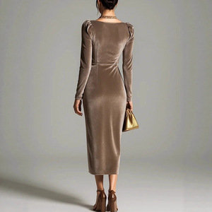 Abiti da sera lunghi da donna 2026 in velluto casual, anti-piega, a vita alta, sexy, a maniche lunghe, modellanti e plissettati - Product Image 2