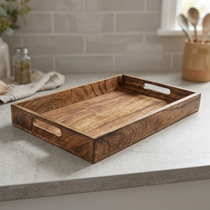 Multifunctional Deluxe Eco-Friendly Handmade Wooden Rectangular <b>Tray</b> <b>Handles</b> Water Resistant Food Contact Safe Dishwasher - Product Image 1