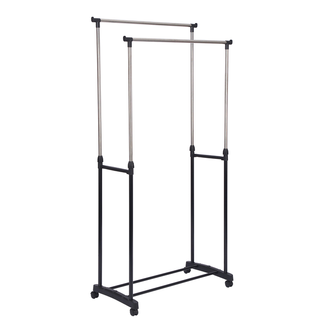 Double-Pole Telescopic Folding Metal Clothes Hanger Functional for Bathroom Living Room Floor-Standing Clothes Drying Rack