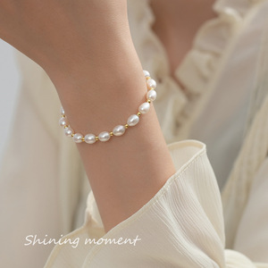 Gioielli di moda minimalisti 925 in argento sterling naturale <span class=keywords><strong>vere</strong></span> <span class=keywords><strong>perle</strong></span> rotonde piccole sfere d'oro placcate in oro bracciali donne - Product Image 5