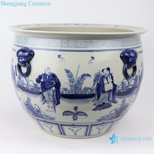 Pot de fleurs grand modèle RZFH22 bleu et blanc peint à la main avec motif des Huit Immortels traversant la mer et tête de lion - Product Image 2