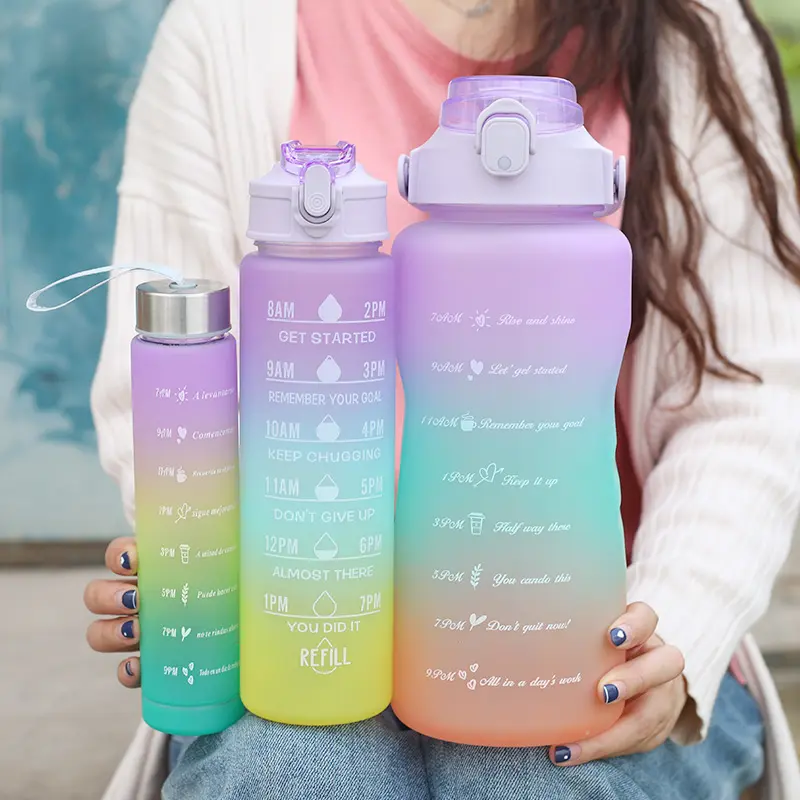 3 Modelle farbige Wasserflaschen mit Verlauf Leckgefühl Trinken Outdoor Reisen 3-in-1 Kunststoff motivierende Wasserflasche
