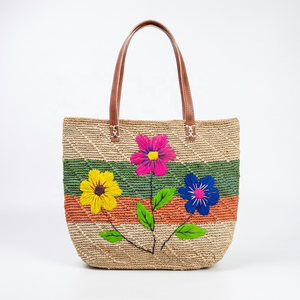 Eco-friendly Luxury Handmade Geometric Embroidered <b>Raffia</b> Tote <b>Bag</b> Two Handles Open Closure for Beach Travel - Product Image 1