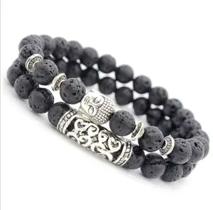 2Pcs/Set Antique Silver Plated Buddha Head Charm with Lava Onyx Turquoise Gem Stone Beads Bracelet Set Pack For Men