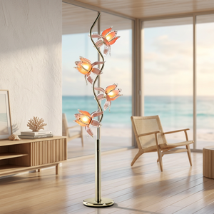 Modern Art Floral <b>Floor</b> <b>Lamp</b>, Polished S Bend Gold Pole, 4 Pink Acrylic Lotus Lampshades Luxury Home Light - Product Image 1