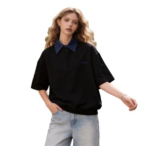 Black Short Sleeve for <b>Shirt</b> with Stand Collar and Embroidered Logo Slim Fit Casual Men's Knitted Washed 100% Cotton T-<b>Shirt</b> - Product Image 4