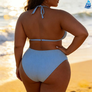 Ensemble bikini <span class=keywords><strong>2</strong></span> pièces grande taille pour femme, soutien-gorge triangle col en V, bas taille haute, perles, tissu côtelé, maillot de bain - Product Image 4