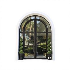 <span class=keywords><strong>Porte</strong></span> d'entrée double française en fer forgé noir mat de luxe sur mesure avec panneaux en verre clair et baies latérales pour villa - Product Image 1