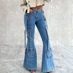 Prix bas OOTD Nouvelle mode Confortable Multi-poches Pantalon en coton très élastique pour femme Jean évasé bleu délavé - Product Image 2