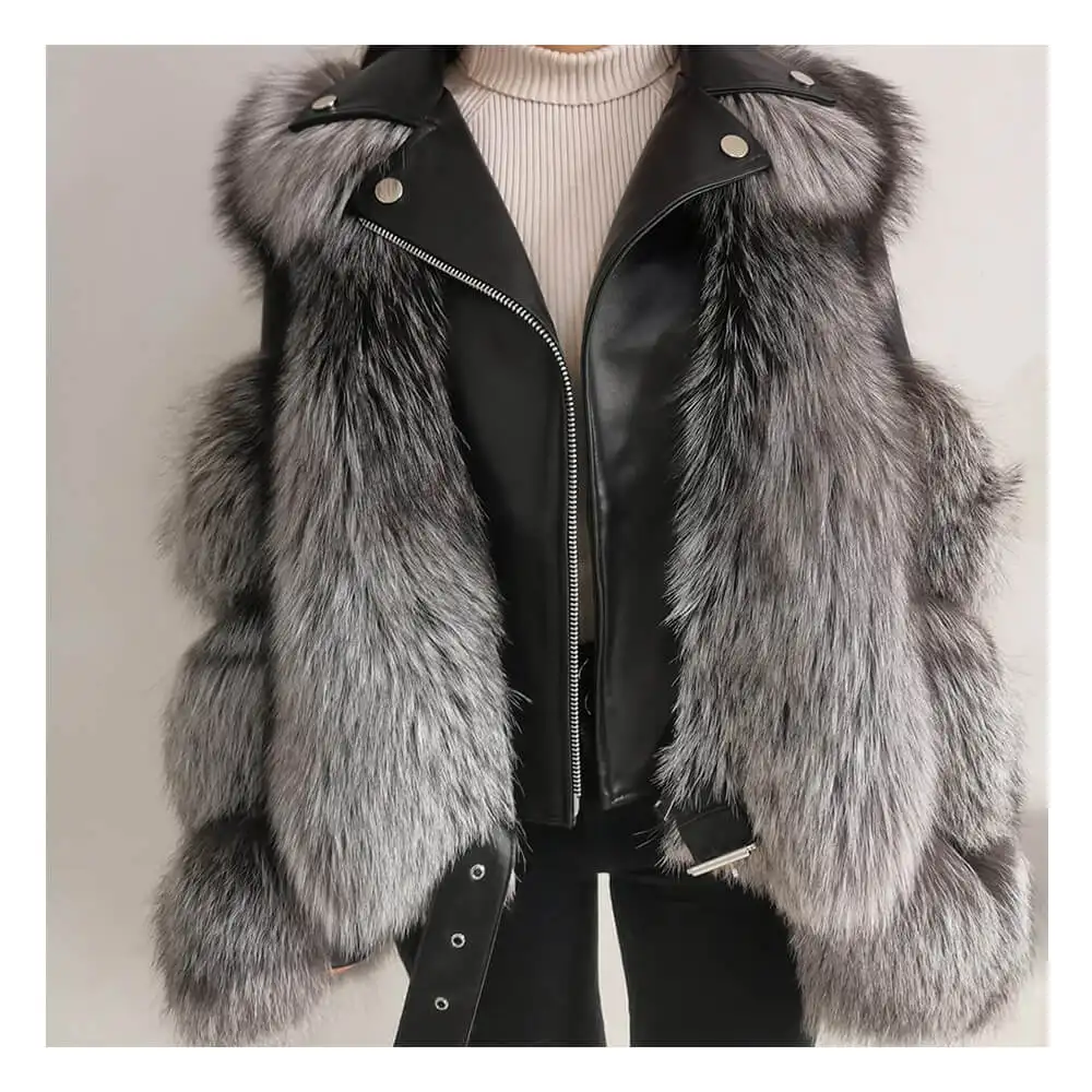 Jaqueta de couro feminina, jaqueta de couro com mangas de pele de carneiro real, para inverno