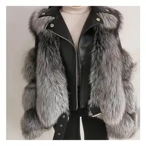 Real Sheepskin Silver Fox Fur Moto Jacket Winter Women Fur Sleeves Leather Jacket Coat Fur