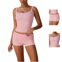 Ensemble de détente côtelé 2 pièces personnalisé pour femme avec haut caraco à dentelle et short évasé, pyjama et tenue d'intérieur