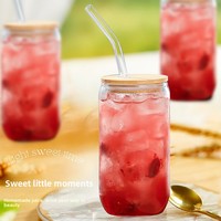 Bouteille d'eau réutilisable en verre sans BPA de 16 oz en forme de canette avec couvercle en bambou et paille, pour café glacé, coffrets cadeaux, bureau et maison