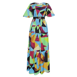 Jupe longue imprimée à motifs contrastés, nouvelle robe africaine pour femmes au style doux et frais avec col rond et motif quadrillé - Product Image 3