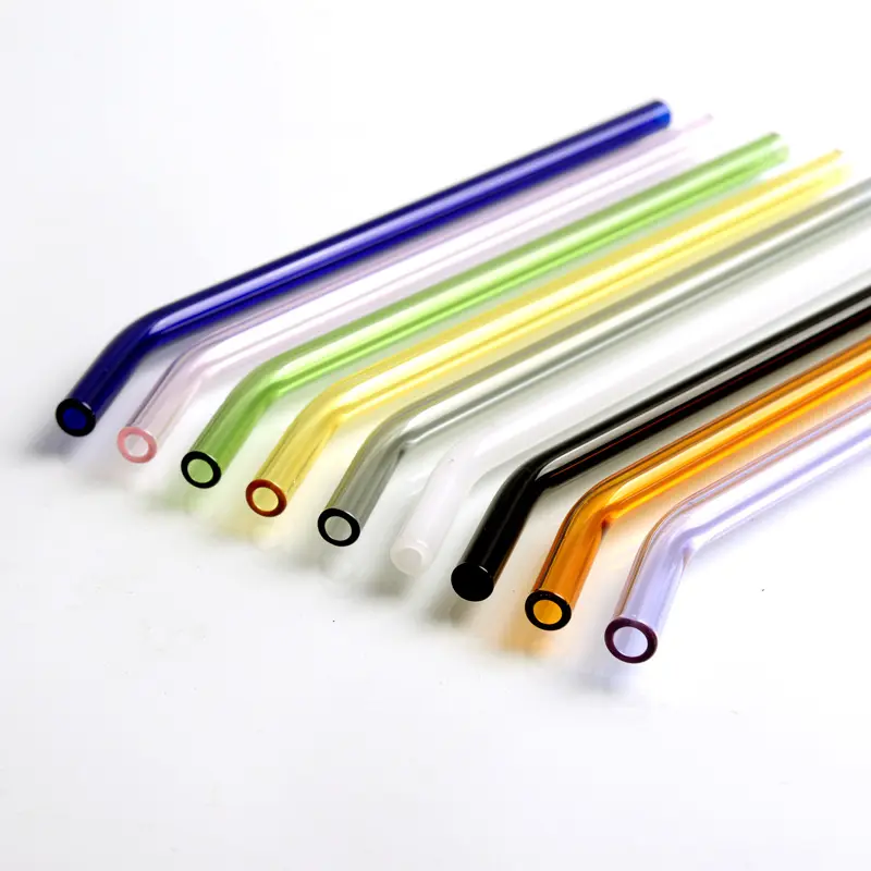 Wholesale reusable colorful bent borosilicate glass straw set