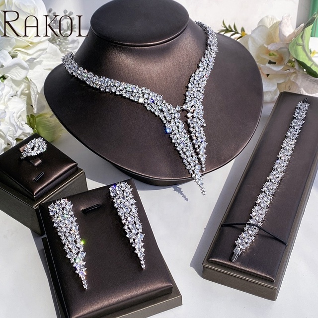 RAKOL SP366 Trendy 2026 Luxury Copper Wedding Engagement Party Gift Jewelry Sets Women Bridal 4pcs Earring Necklace