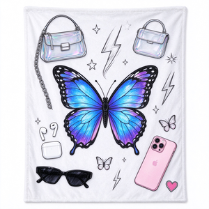Coperta in <span class=keywords><strong>pile</strong></span> personalizzata Y2K retrò con farfalle e doodle, all'ingrosso, con stampa di fiocchi e fotocamere, morbida, per ragazze - Product Image 3