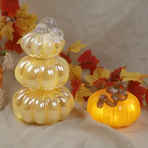 Decoração de abóbora com haste soprada à mão, vidro colorido, decoração de outono iluminada, ideias para decoração de casa, colheita de outono de Ação de Graças