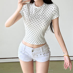 Camiseta Básica de Algodón para Mujer, con Letras, Estrellas y Puntos, en Contraste de Color, Tejido Elástico, Corte Regular, Cuello Redondo, Manga Corta, Informal, para Verano - Product Image 6