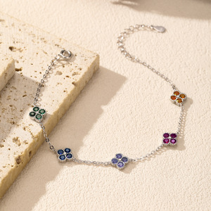 S925 Silver Flower Shape <b>Bracelet</b> With Colorful Zircon Stones Prong Setting Chain Link Women's <b>Cute</b> Everyday Wear Jewelry - Product Image 4