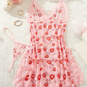 Pijamas de Estilo Novo e Sofisticado com Lábios Vermelhos Sexy e Alças com Babados, Roupas de Dormir Atraentes e Sedutoras - Product Image 2
