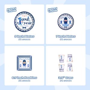 Decoraciones para el Primer Cumpleaños de Bebé, 144 Piezas, para 24 Personas, con el Número 1 Platos, Servilletas, Vasos de 9oz y Cubiertos Color Azul Náutico - Product Image 2