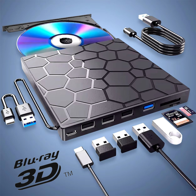 External Blu-ray Burner 7 in 1USB 3.0 Type-C Slim Optical Bluray DVD Burner with SD/TF Card Reader 2 USB 3.0 Hubs Compatible