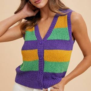 Tùy Chỉnh Bán Buôn Mardi Gras Của Phụ Nữ Mùa Hè Sọc V Cổ Áo Len Đan <span class=keywords><strong>Tank</strong></span> Tops Nhà Sản Xuất - Product Image 1